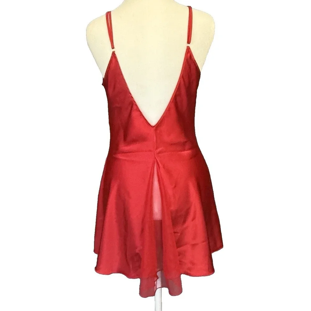 Vintage 90s Shirley Hollywood Satin‎ Lace Mini Cami Slip Dress Size M Red Sheer